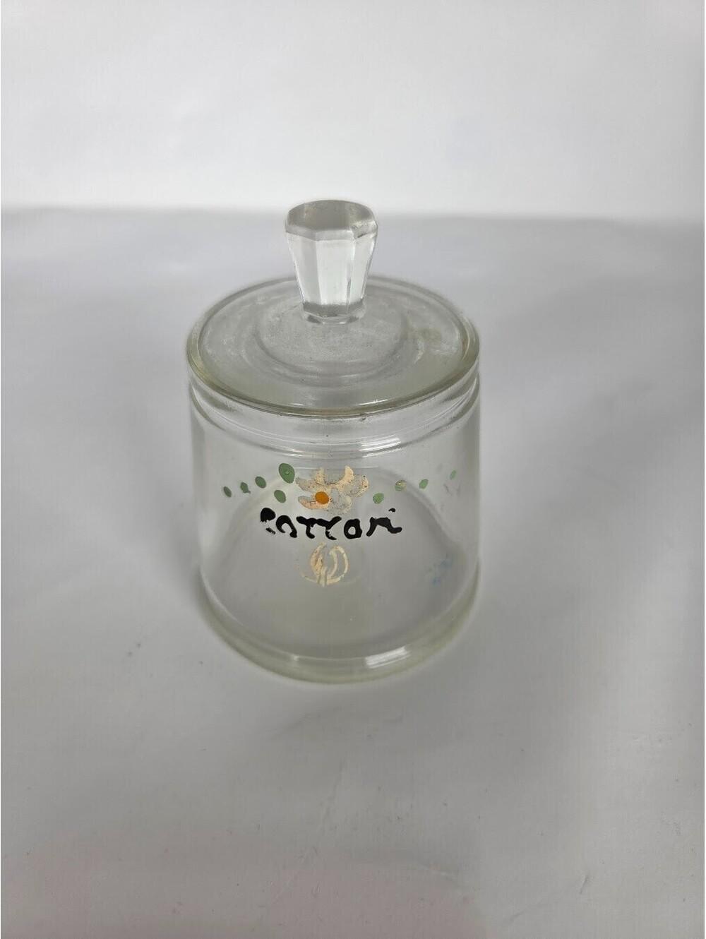 Vintage Glass Cotton Jar with Lid Hand Painted Floral Apothecary Style